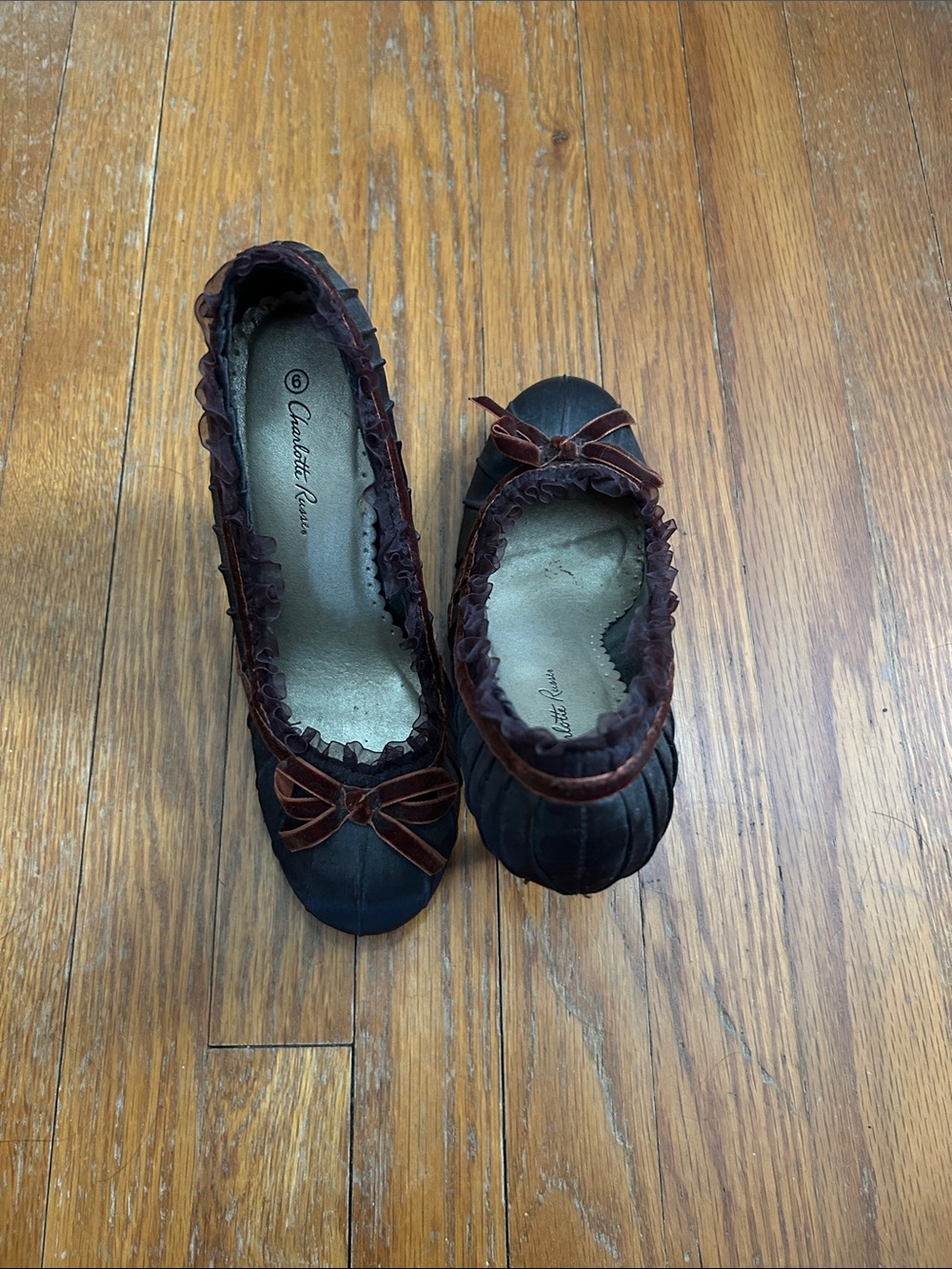Charlotte Russe Black Flats with Brown Bow and Trim